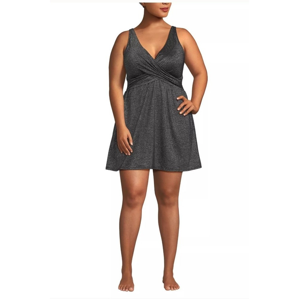 LANDS END SlenderSuit Shine Wrap‎ Swim Dress Swimsuit Metallic Shimmer Black 22W